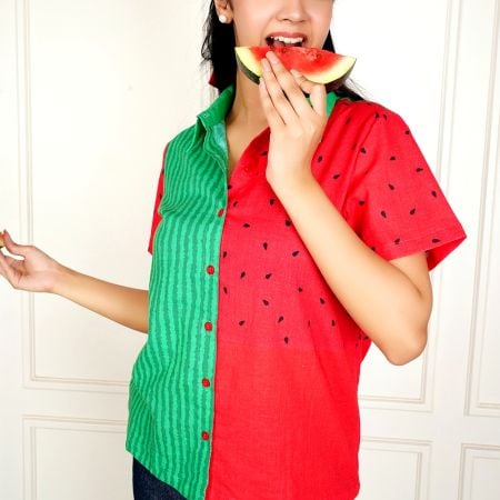 Handcrafted Watermelon Print Cotton Half Sleeve Shirt